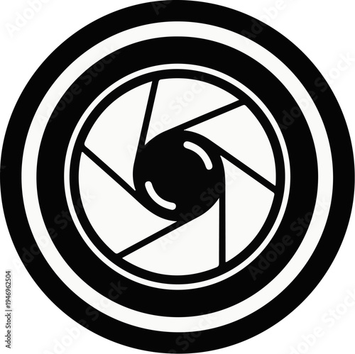 A minimalist black and white icon depicting a camera lens aperture inside a circular design, clean graphic