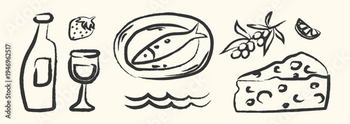 Doodle Food Hand Drawn Icons set. Dishes Elements in Charcoal Pencil. Cooking Icons in Pencil Charcoal Chalk Style. Fish Drawing ink. Travel Food Drawing hand drawn. Sketches Italian concept graphic