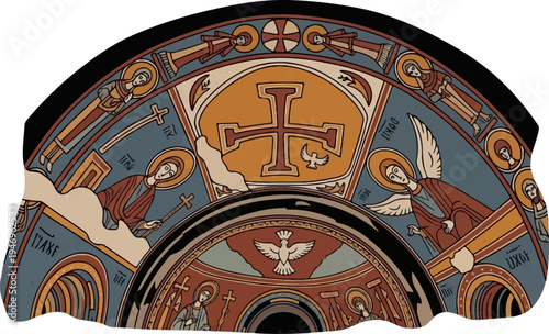 Ancient religious fresco with saints, angels, crosses, and doves in an arched, colorful architectural setting
