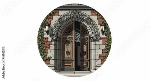 An illustration of an ornate, partially open wooden door with an arched stone entrance, lanterns, and ivy