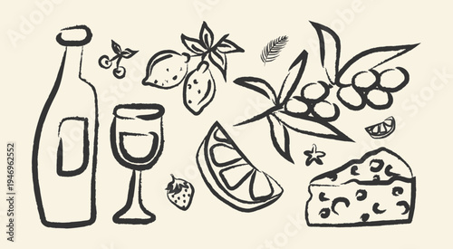 Hand Drawn Food Vintage Icon set. Meal Elements in Charcoal Pencil. Dishes Icons in Pencil Doodle Style. Drawing ink. Travel Food drawing hand drawn. Sketches Italian concept for graphic design Trendy