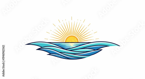 Illustration of a radiant yellow sun setting or rising over multiple layers of blue ocean waves