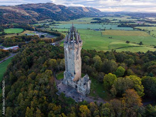 Beautiful aerial view of the National Wallace Monument Aerial View Over Stirling, Scotland – Historic Landmark and Scenic Town Landscape