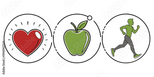 Healthy lifestyle icons including heart, apple and running man on for fitness and wellness concepts
