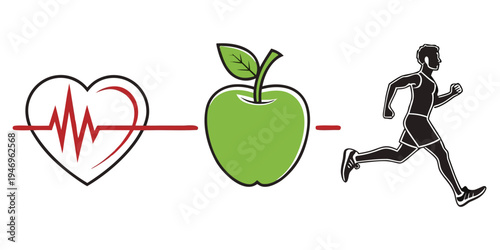 A healthy lifestyle concept with a heart rate line connecting a green apple and a running man on a promoting wellness and fitness