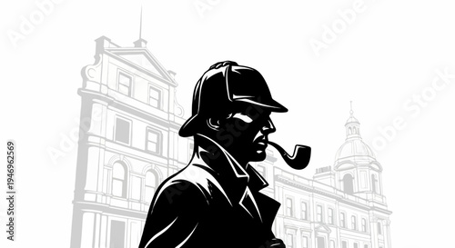 Silhouette of a detective-like figure in a hat and coat, smoking a pipe, with blurred classical building background