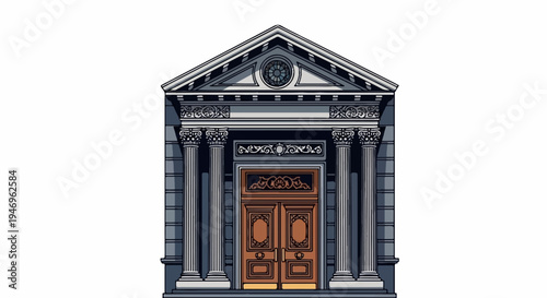 Front view of a classical building facade with prominent columns, ornate details, and a large wooden door