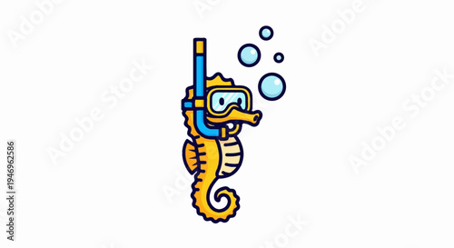 A cheerful yellow cartoon seahorse character wearing a blue snorkel and mask, with bubbles nearby