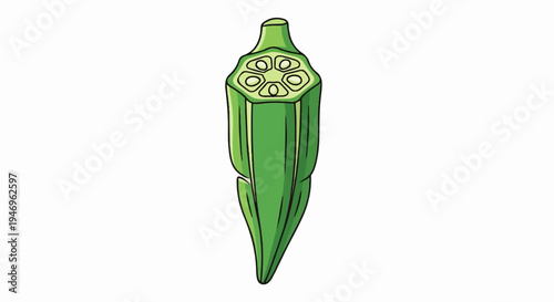 Vibrant green okra pod illustration, sliced to reveal seeds, isolated on a clean white background