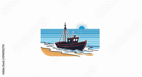 Stylized illustration of a fishing boat near the sandy shore with striped ocean and a sun graphic