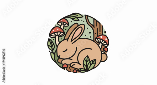 Cute sleeping rabbit surrounded by mushrooms, leaves, and a tree trunk in a tranquil forest illustration