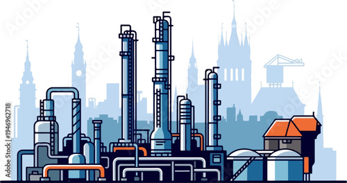 Industrial factory illustration with various chemical plant towers and pipes against a blue city skyline