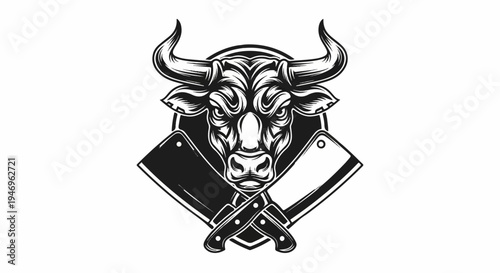 Bold black and white illustration of a bull's head with large horns and two crossed butcher cleavers