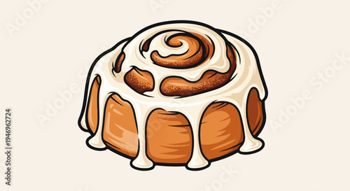 An inviting cartoon illustration of a delicious cinnamon roll generously topped with sweet white frosting