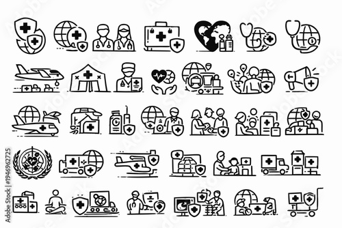 Illustrated icons representing global humanitarian and medical aid efforts
