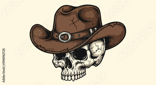 A vintage-style illustration of a weathered human skull wearing a brown cowboy hat with a detailed buckle