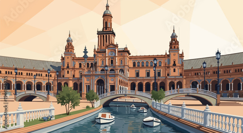 Pixel art illustration of a grand historical building with a central tower, a canal, bridges, and small boats
