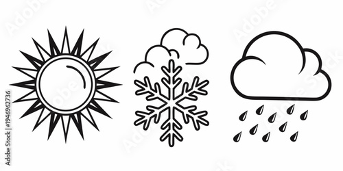 Weather icons set including sun cloud snowflake and raindrops