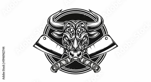 Intricately detailed bull head illustration with large horns and crossed meat cleavers on a textured background