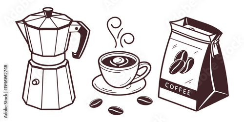 A line drawing of a coffee maker, cup of coffee, and bag of coffee beans