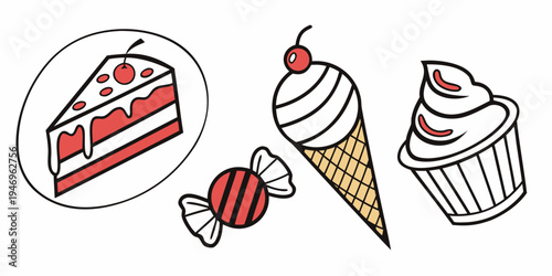 A colorful illustration of various sweet treats including a slice of cake, a lollipop, an ice cream cone, and a cupcake
