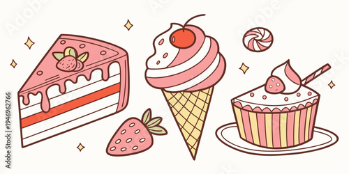 Colorful illustration of assorted sweet treats including cake, ice cream, cupcake, and strawberry