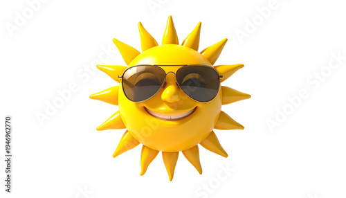 Smiling cartoon sun wearing sunglasses, rendered with highlights, against black background