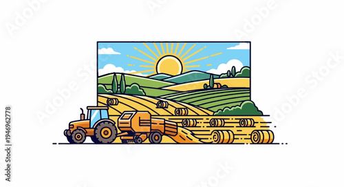 Vibrant illustration of a tractor baling hay in golden fields beneath a sunny sky with rolling green hills