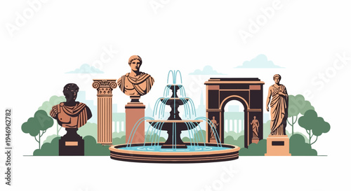 Flat design illustration of classical busts, a column, fountain, arch, and statue in a park setting
