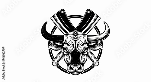 Black and white bull head with crossed meat cleavers and a circular frame, featuring an aggressive, detailed illustration