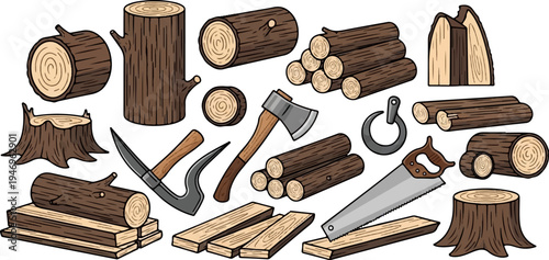 Cartoon-style collection of wood, lumber, logs, tree stumps, and traditional forestry tools