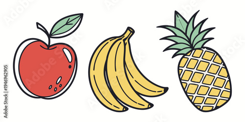 Colorful illustration of apple, bananas, and pineapple