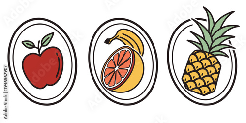 Colorful illustrations of apple, grapefruit, banana, and pineapple