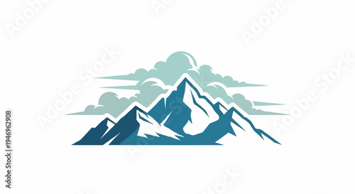 Stylized blue mountain range illustration with white snow caps and soft light blue clouds across the sky