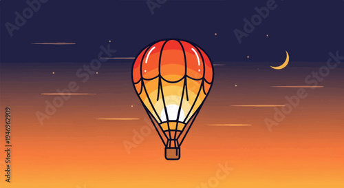 A pixel art hot air balloon floats under a vibrant gradient sky with a crescent moon and tiny stars