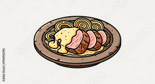 Cartoon plate of sliced meat with creamy sauce and spiral pasta on a white background, hand-drawn style