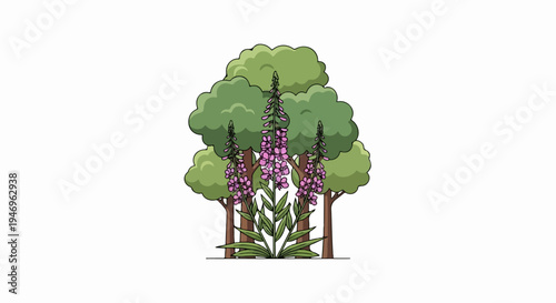 Stylized illustration of three tall pink wildflowers in front of a cluster of green-leafed trees