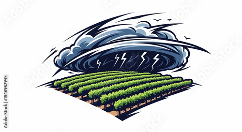 Illustration of a vibrant green agricultural field under a swirling, dark storm cloud with lightning