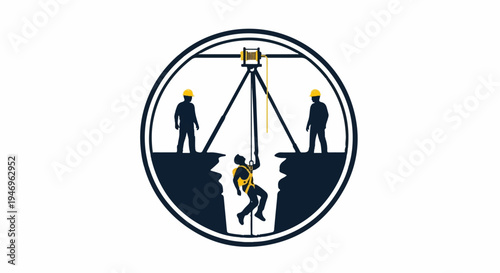 Illustration of a confined space rescue operation with workers, tripod, and winch on a white background