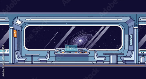 A pixel art interior of a futuristic space train or ship, with a view of a spiral galaxy