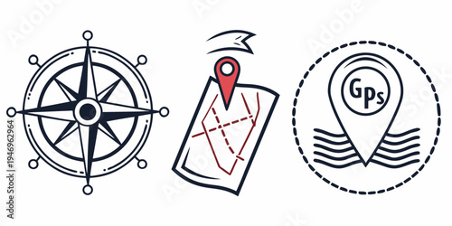 Navigation icons including compass, map with gps location and gps symbol for travel and direction concepts