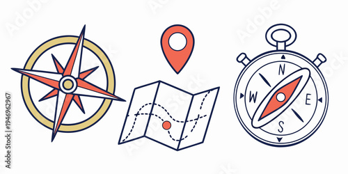 Navigation icons including a compass, map and location pin for travel and adventure