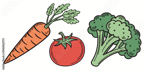 Colorful illustration of a carrot, tomato, and broccoli