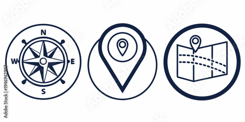 Navigation icons including compass, map pin, and map with location marker