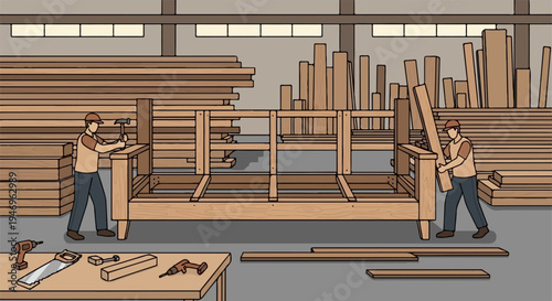 Two carpenters assemble a wooden frame in a workshop, surrounded by lumber and various tools