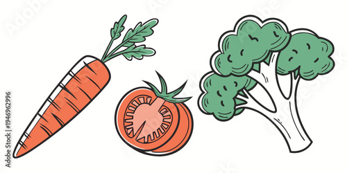 Colorful illustration of a carrot, tomato, and broccoli