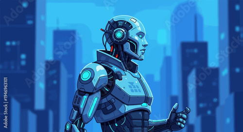 Futuristic blue pixel art humanoid robot profile with glowing eyes and circuits against a blurred city