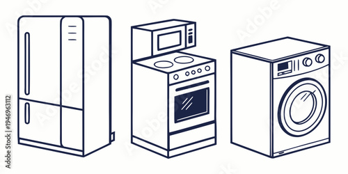 Line drawing of a refrigerator, stove with microwave, and washing machine