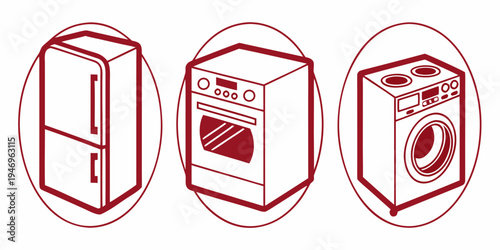 Vector illustration of refrigerator oven and washing machine icons in red lines