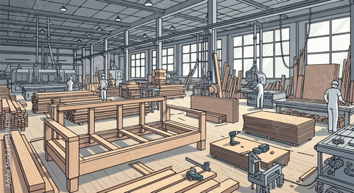 Illustrative view of a busy woodworking factory with workers, machinery, wood stacks, and furniture frames